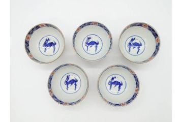 幕末〜明治期　伊万里　4.1寸　約13cm　煌びやかな色絵が目を惹く蓋付き茶碗5客セット(麒麟の図、和食器、四寸一分)(R-070265)
