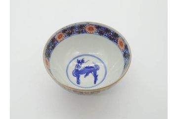 幕末〜明治期　伊万里　4.1寸　約13cm　煌びやかな色絵が目を惹く蓋付き茶碗5客セット(麒麟の図、和食器、四寸一分)(R-070265)