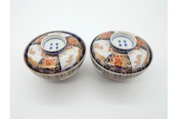 幕末〜明治期　伊万里　4.1寸　約13cm　煌びやかな色絵が目を惹く蓋付き茶碗5客セット(麒麟の図、和食器、四寸一分)(R-070265)