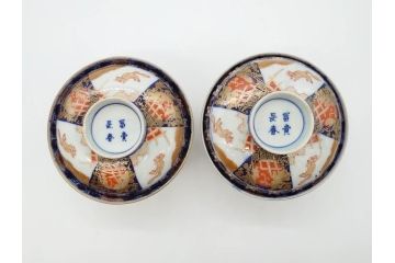 幕末〜明治期　伊万里　4.1寸　約13cm　煌びやかな色絵が目を惹く蓋付き茶碗5客セット(麒麟の図、和食器、四寸一分)(R-070265)