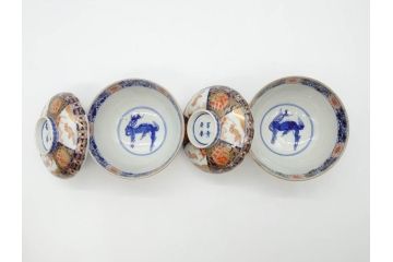 幕末〜明治期　伊万里　4.1寸　約13cm　煌びやかな色絵が目を惹く蓋付き茶碗5客セット(麒麟の図、和食器、四寸一分)(R-070265)