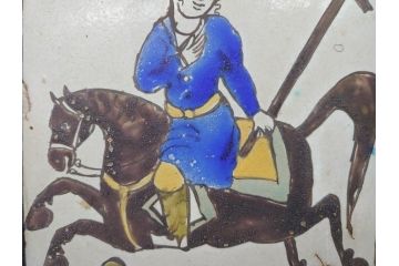ペルシャ　サファビー朝　ポロをする図　躍動感のある素敵な陶額(在銘、陶画、サファヴィー、壁掛け)(R-070270)