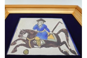 ペルシャ　サファビー朝　ポロをする図　躍動感のある素敵な陶額(在銘、陶画、サファヴィー、壁掛け)(R-070270)