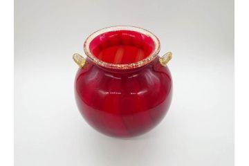 大川薫　玻璃　鮮やかな赤と上品な金の色合いが素敵な花入(ガラス工芸、津軽びいどろ、硝子、花器、花瓶、共箱付き)(R-070271)