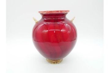 大川薫　玻璃　鮮やかな赤と上品な金の色合いが素敵な花入(ガラス工芸、津軽びいどろ、硝子、花器、花瓶、共箱付き)(R-070271)