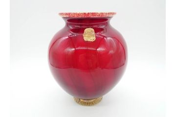 大川薫　玻璃　鮮やかな赤と上品な金の色合いが素敵な花入(ガラス工芸、津軽びいどろ、硝子、花器、花瓶、共箱付き)(R-070271)