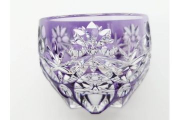 伝統工芸士　篠崎清一　江戸切子　繊細なカットが美しいぐい呑み2個セット(共箱付き、猪口、ガラス、硝子、カガミクリスタル、篠崎硝子工芸所)(R-070276)