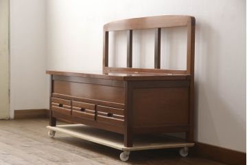 中古　民芸家具　花梨(カリン)材　収納付きで便利な囲炉裏ベンチ(椅子、ダイニングチェア、板座チェア)(R-070312)