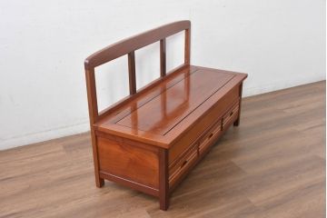 中古　民芸家具　花梨(カリン)材　収納付きで便利な囲炉裏ベンチ(椅子、ダイニングチェア、板座チェア)(R-070312)