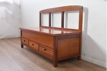 中古　民芸家具　花梨(カリン)材　収納付きで便利な囲炉裏ベンチ(椅子、ダイニングチェア、板座チェア)(R-070312)