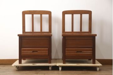 中古　民芸家具　花梨(カリン)材　収納付き囲炉裏チェア2脚セット(椅子、ダイニングチェア、板座チェア)(R-070314)