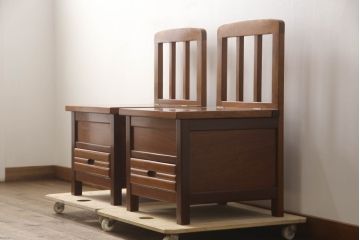 中古　民芸家具　花梨(カリン)材　収納付き囲炉裏チェア2脚セット(椅子、ダイニングチェア、板座チェア)(R-070314)