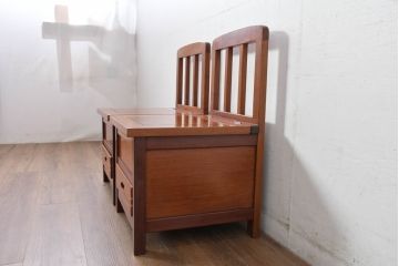 中古　民芸家具　花梨(カリン)材　収納付き囲炉裏チェア2脚セット(椅子、ダイニングチェア、板座チェア)(R-070314)