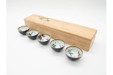 古九谷　九谷焼　三ツ井為吉　絵変り　1.8寸　約5cm　多種多様な絵付けが魅力的な酒盃5客セット(酒杯、おちょこ、お猪口、ぐい呑、色絵、五客揃、一寸八分、共箱付き、和食器)(R-070336)