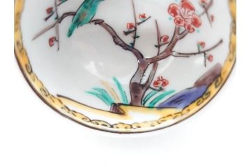 古九谷　九谷焼　三ツ井為吉　絵変り　1.8寸　約5cm　多種多様な絵付けが魅力的な酒盃5客セット(酒杯、おちょこ、お猪口、ぐい呑、色絵、五客揃、一寸八分、共箱付き、和食器)(R-070336)