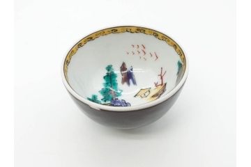 古九谷　九谷焼　三ツ井為吉　絵変り　1.8寸　約5cm　多種多様な絵付けが魅力的な酒盃5客セット(酒杯、おちょこ、お猪口、ぐい呑、色絵、五客揃、一寸八分、共箱付き、和食器)(R-070336)