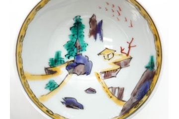 古九谷　九谷焼　三ツ井為吉　絵変り　1.8寸　約5cm　多種多様な絵付けが魅力的な酒盃5客セット(酒杯、おちょこ、お猪口、ぐい呑、色絵、五客揃、一寸八分、共箱付き、和食器)(R-070336)