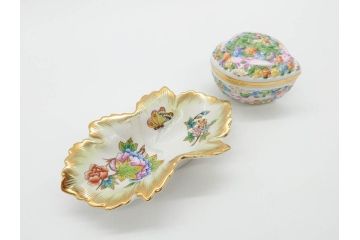 ヘレンド　ハンガリー　HEREND HVNGARY　ヴィクトリアブーケ　ハート形　華やかな雰囲気が素敵な透かしボンボン入れ&トレイ(HUNGARY、トレー、小物入れ、菓子器、洋食器)(R-070337)