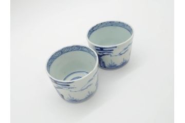 江戸後期　伊万里　染付　柔らかい印象のそば猪口2客セット(和食器、湯呑み、湯のみ、蕎麦猪口)(R-070344)