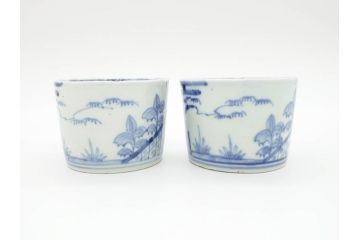 江戸後期　伊万里　染付　柔らかい印象のそば猪口2客セット(和食器、湯呑み、湯のみ、蕎麦猪口)(R-070344)