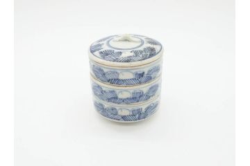 江戸期　古伊万里　染付　小振りで可愛らしい三段重(三段重鉢、小さなお重箱、珍味入れ、薬味入れ、小物入れ、ミニ)(R-070346)