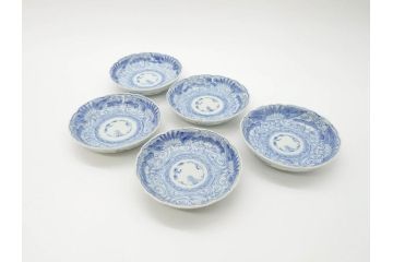 江戸期　古伊万里　染付　線描　松竹梅文　3.6寸　約11cm　爽やかな色合いが素敵な小皿5枚セット(和食器、和皿、三寸六分)(R-070391)