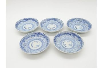 江戸期　古伊万里　染付　線描　松竹梅文　3.6寸　約11cm　爽やかな色合いが素敵な小皿5枚セット(和食器、和皿、三寸六分)(R-070391)