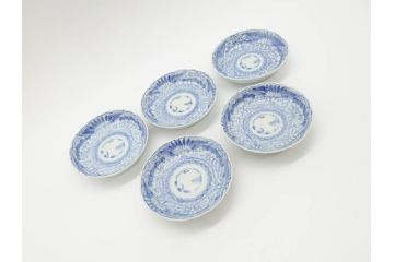 江戸期　古伊万里　染付　線描　松竹梅文　3.6寸　約11cm　爽やかな色合いが素敵な小皿5枚セット(和食器、和皿、三寸六分)(R-070391)