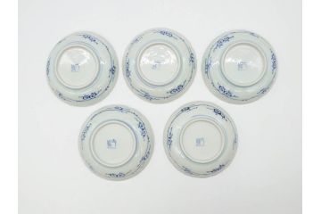 江戸期　古伊万里　染付　線描　松竹梅文　3.6寸　約11cm　爽やかな色合いが素敵な小皿5枚セット(和食器、和皿、三寸六分)(R-070391)