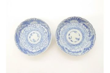 江戸期　古伊万里　染付　線描　松竹梅文　3.6寸　約11cm　爽やかな色合いが素敵な小皿5枚セット(和食器、和皿、三寸六分)(R-070391)