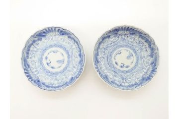 江戸期　古伊万里　染付　線描　松竹梅文　3.6寸　約11cm　爽やかな色合いが素敵な小皿5枚セット(和食器、和皿、三寸六分)(R-070391)