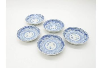 江戸期　古伊万里　染付　線描　松竹梅文　3.6寸　約11cm　爽やかな色合いが素敵な小皿5枚セット(和食器、和皿、三寸六分)(R-070392)