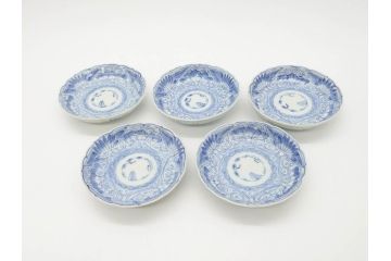 江戸期　古伊万里　染付　線描　松竹梅文　3.6寸　約11cm　爽やかな色合いが素敵な小皿5枚セット(和食器、和皿、三寸六分)(R-070392)