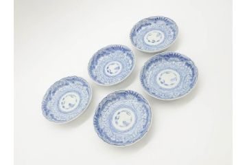 江戸期　古伊万里　染付　線描　松竹梅文　3.6寸　約11cm　爽やかな色合いが素敵な小皿5枚セット(和食器、和皿、三寸六分)(R-070392)