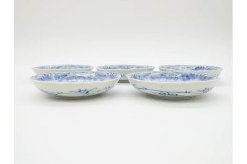 江戸期　古伊万里　染付　線描　松竹梅文　3.6寸　約11cm　爽やかな色合いが素敵な小皿5枚セット(和食器、和皿、三寸六分)(R-070392)