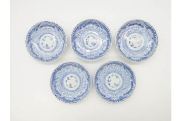 江戸期　古伊万里　染付　線描　松竹梅文　3.6寸　約11cm　爽やかな色合いが素敵な小皿5枚セット(和食器、和皿、三寸六分)(R-070392)