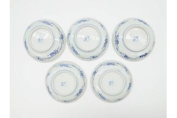 江戸期　古伊万里　染付　線描　松竹梅文　3.6寸　約11cm　爽やかな色合いが素敵な小皿5枚セット(和食器、和皿、三寸六分)(R-070392)