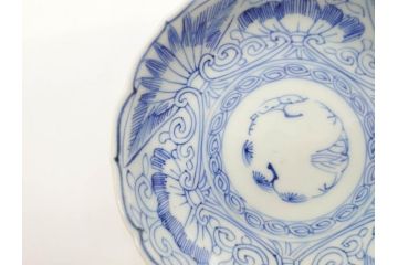 江戸期　古伊万里　染付　線描　松竹梅文　3.6寸　約11cm　爽やかな色合いが素敵な小皿5枚セット(和食器、和皿、三寸六分)(R-070392)