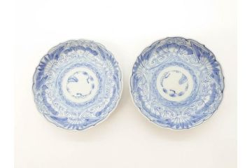 江戸期　古伊万里　染付　線描　松竹梅文　3.6寸　約11cm　爽やかな色合いが素敵な小皿5枚セット(和食器、和皿、三寸六分)(R-070392)