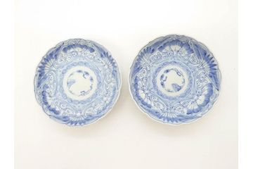 江戸期　古伊万里　染付　線描　松竹梅文　3.6寸　約11cm　爽やかな色合いが素敵な小皿5枚セット(和食器、和皿、三寸六分)(R-070392)