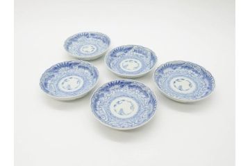 江戸期　古伊万里　染付　線描　松竹梅文　3.6寸　約11cm　爽やかな色合いが素敵な小皿5枚セット(和食器、和皿、三寸六分)(R-070393)