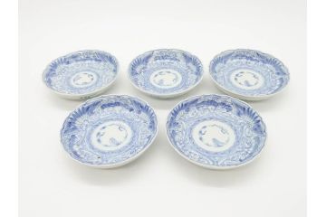 江戸期　古伊万里　染付　線描　松竹梅文　3.6寸　約11cm　爽やかな色合いが素敵な小皿5枚セット(和食器、和皿、三寸六分)(R-070393)
