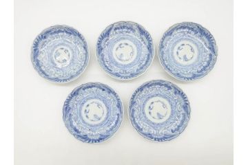 江戸期　古伊万里　染付　線描　松竹梅文　3.6寸　約11cm　爽やかな色合いが素敵な小皿5枚セット(和食器、和皿、三寸六分)(R-070393)