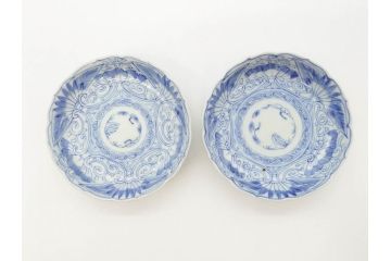 江戸期　古伊万里　染付　線描　松竹梅文　3.6寸　約11cm　爽やかな色合いが素敵な小皿5枚セット(和食器、和皿、三寸六分)(R-070393)
