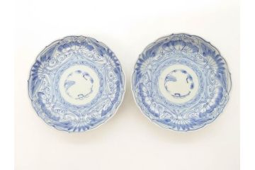 江戸期　古伊万里　染付　線描　松竹梅文　3.6寸　約11cm　爽やかな色合いが素敵な小皿5枚セット(和食器、和皿、三寸六分)(R-070393)