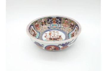 江戸期　古伊万里　金彩　色絵　南蛮舟に韃靼人の図　8寸　約25cm　色鮮やかで豪華な大鉢(ラッタン人、だったん人、南蛮人、八寸、深鉢、和食器)(R-070394)