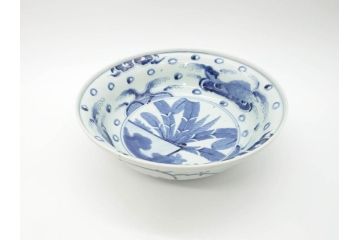 江戸期　古伊万里　染付　二重角福　渦福　波に魚?の図　約28cm　9.2寸　涼しげな雰囲気が素敵な大鉢(九寸二分、和食器、深皿)(R-070395)