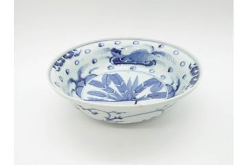 江戸期　古伊万里　染付　二重角福　渦福　波に魚?の図　約28cm　9.2寸　涼しげな雰囲気が素敵な大鉢(九寸二分、和食器、深皿)(R-070395)