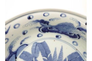 江戸期　古伊万里　染付　二重角福　渦福　波に魚?の図　約28cm　9.2寸　涼しげな雰囲気が素敵な大鉢(九寸二分、和食器、深皿)(R-070395)