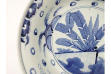 江戸期　古伊万里　染付　二重角福　渦福　波に魚?の図　約28cm　9.2寸　涼しげな雰囲気が素敵な大鉢(九寸二分、和食器、深皿)(R-070395)